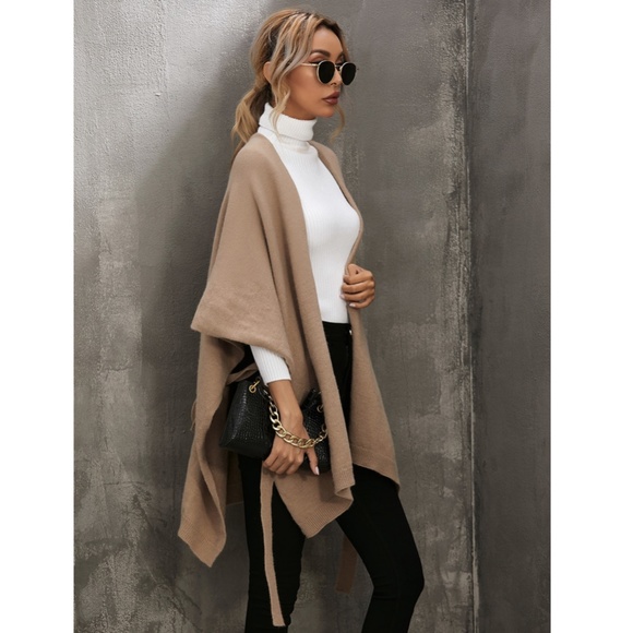 Knitted Cape Belted in Tan - Picture 2 of 10